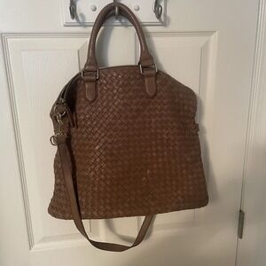 MARGOT NEW YORK WOVEN LEATHER FOLDABLE PURSE CROSSBODY BAG TOTE TAN BROWN